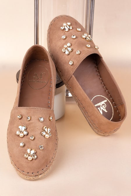 Shop PHENOMINAAL Beige Embellishments Floral Espadrilles at Aza Fashions Shop_PHENOMINAAL_Beige Embellishments Floral Espadrilles _at_Aza_Fashions