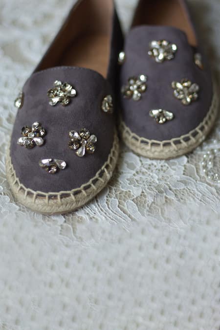 Shop PHENOMINAAL Gray Embroidered Grey Crystal Espadrilles at Aza Fashions Shop_PHENOMINAAL_Gray Embroidered Grey Crystal Espadrilles _at_Aza_Fashions