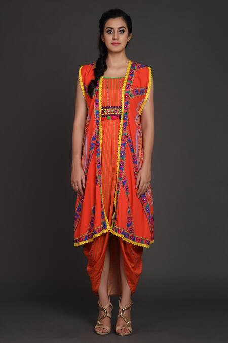 Buy_Preeti S Kapoor_Orange U Neck Draped Dress With Jacket _Online_at_Aza_Fashions