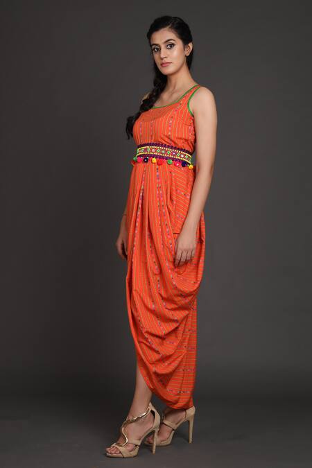 Shop_Preeti S Kapoor_Orange U Neck Draped Dress With Jacket _Online_at_Aza_Fashions