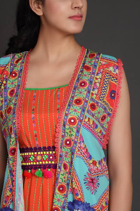 Preeti S Kapoor_Orange U Neck Draped Dress With Jacket _at_Aza_Fashions