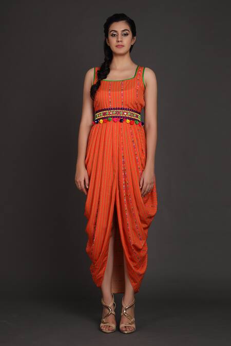 Preeti S Kapoor_Orange U Neck Draped Dress With Jacket _Online_at_Aza_Fashions
