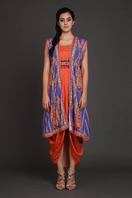 Buy_Preeti S Kapoor_Orange U Neck Draped Dress With Jacket _Online_at_Aza_Fashions