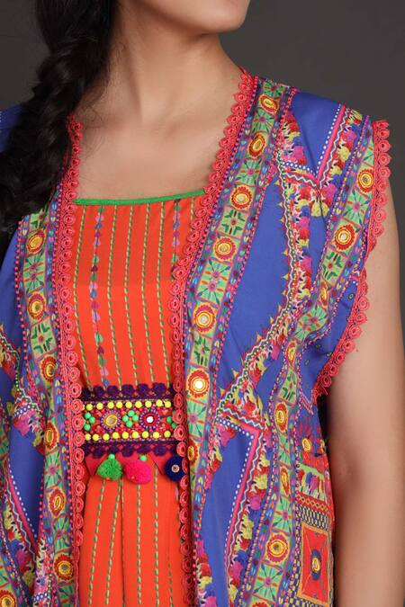 Preeti S Kapoor_Orange U Neck Draped Dress With Jacket _at_Aza_Fashions