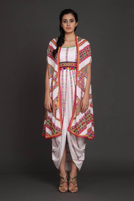 Buy_Preeti S Kapoor_White U Neck Draped Dress With Jacket _Online_at_Aza_Fashions