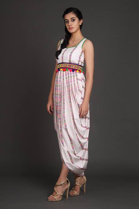 Shop_Preeti S Kapoor_White U Neck Draped Dress With Jacket _Online_at_Aza_Fashions