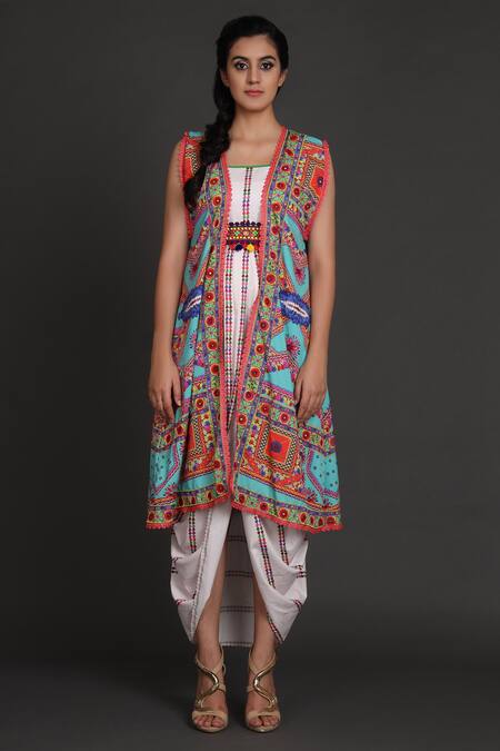 Buy_Preeti S Kapoor_White U Neck Draped Dress With Jacket _Online_at_Aza_Fashions