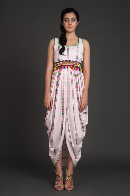 Preeti S Kapoor_White U Neck Draped Dress With Jacket _Online_at_Aza_Fashions