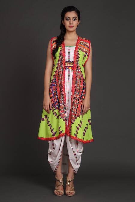 Preeti S Kapoor_White U Neck Draped Dress With Jacket _Online_at_Aza_Fashions