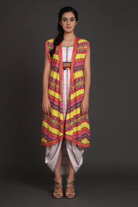 Preeti S Kapoor_White U Neck Draped Dress With Jacket _Online_at_Aza_Fashions