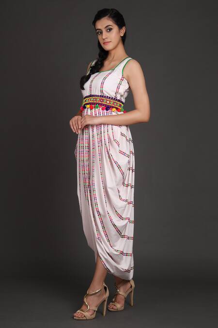 Shop_Preeti S Kapoor_White U Neck Draped Dress With Jacket _Online_at_Aza_Fashions