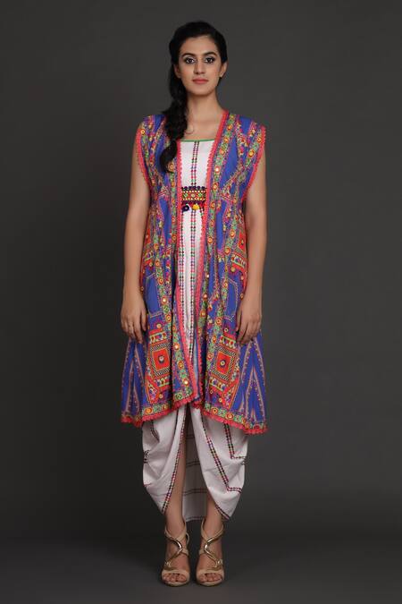 Buy_Preeti S Kapoor_White U Neck Draped Dress With Jacket _Online_at_Aza_Fashions