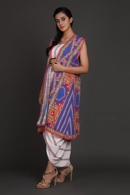 Shop_Preeti S Kapoor_White U Neck Draped Dress With Jacket _Online_at_Aza_Fashions