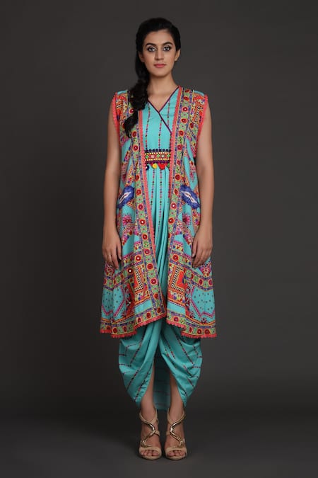 Preeti S Kapoor_Blue V Neck Draped Dress With Jacket _Online_at_Aza_Fashions