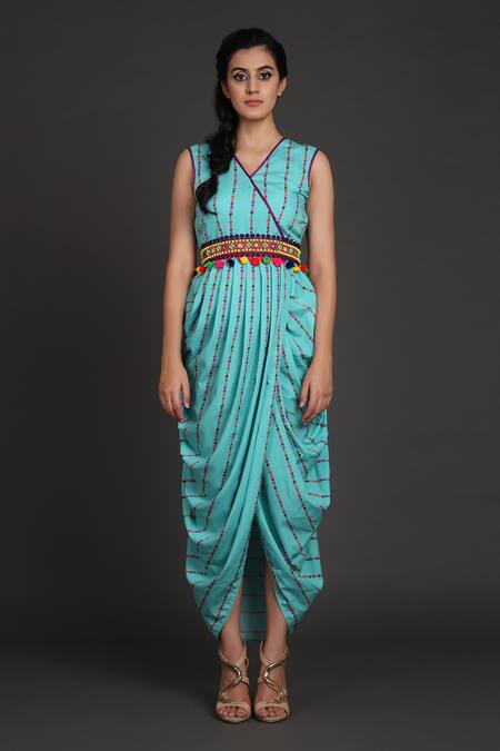 Buy_Preeti S Kapoor_Blue V Neck Draped Dress With Jacket _Online_at_Aza_Fashions