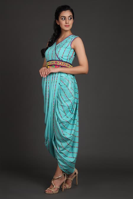 Shop_Preeti S Kapoor_Blue V Neck Draped Dress With Jacket _Online_at_Aza_Fashions