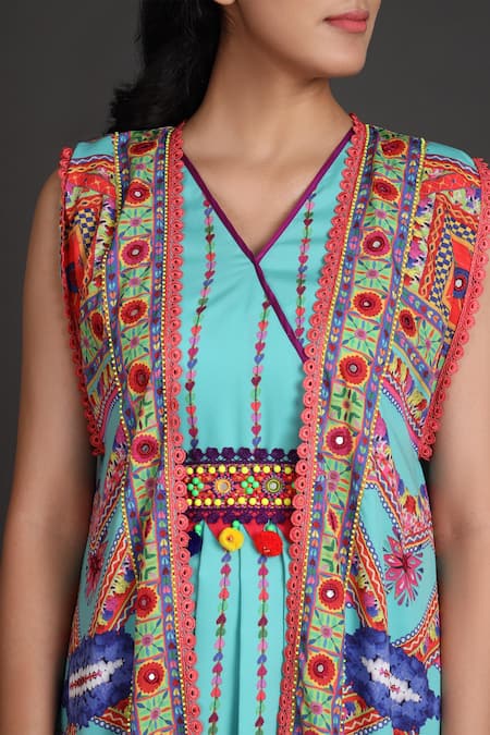 Preeti S Kapoor_Blue V Neck Draped Dress With Jacket _at_Aza_Fashions