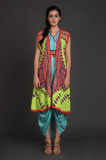 Preeti S Kapoor_Blue V Neck Draped Dress With Jacket _Online_at_Aza_Fashions