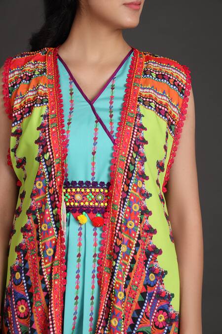 Shop Preeti S Kapoor Blue V Neck Draped Dress With Jacket Online at Aza Fashions Shop_Preeti S Kapoor_Blue V Neck Draped Dress With Jacket _Online_at_Aza_Fashions