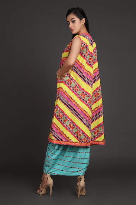 Preeti S Kapoor_Blue V Neck Draped Dress With Jacket _Online_at_Aza_Fashions