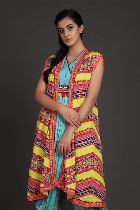 Buy_Preeti S Kapoor_Blue V Neck Draped Dress With Jacket _Online_at_Aza_Fashions