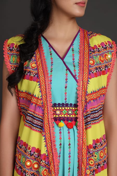 Shop_Preeti S Kapoor_Blue V Neck Draped Dress With Jacket _Online_at_Aza_Fashions