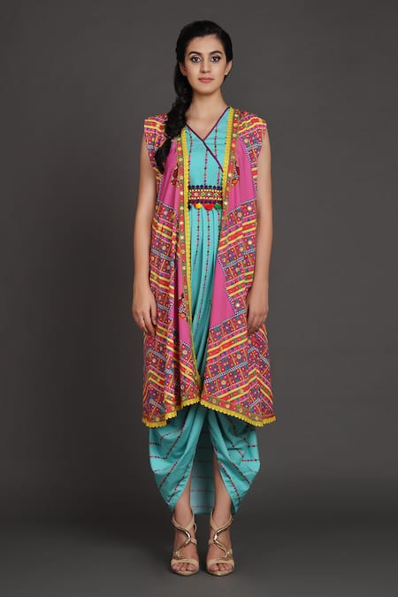 Preeti S Kapoor_Blue V Neck Draped Dress With Jacket _Online_at_Aza_Fashions