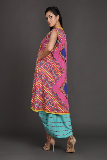 Shop_Preeti S Kapoor_Blue V Neck Draped Dress With Jacket _Online_at_Aza_Fashions