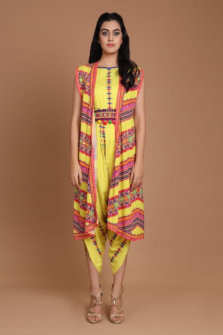 Preeti S Kapoor_Yellow Round Cowl Draped Jumpsuit With Jacket _Online_at_Aza_Fashions