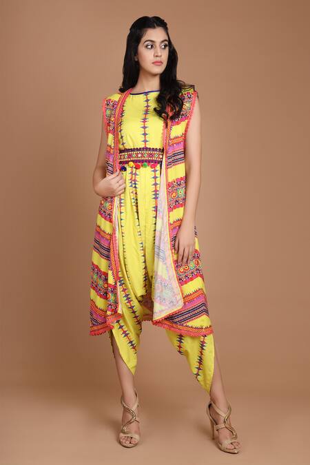 Buy_Preeti S Kapoor_Yellow Round Cowl Draped Jumpsuit With Jacket _Online_at_Aza_Fashions