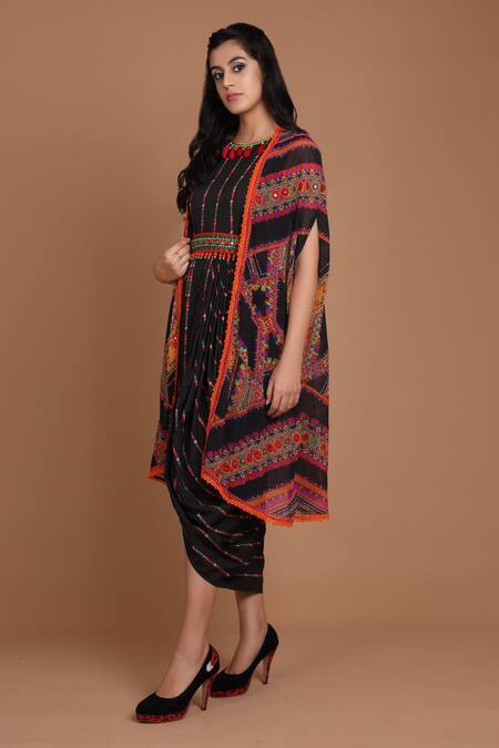 Buy_Preeti S Kapoor_Black Round Draped Dress With Jacket _Online_at_Aza_Fashions