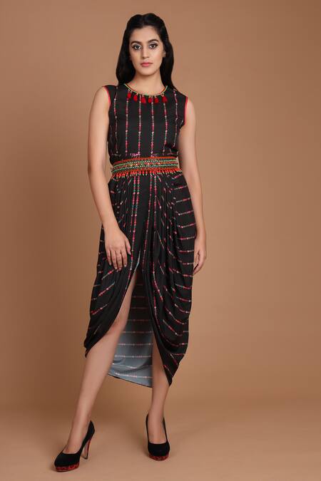 Shop_Preeti S Kapoor_Black Round Draped Dress With Jacket _Online_at_Aza_Fashions