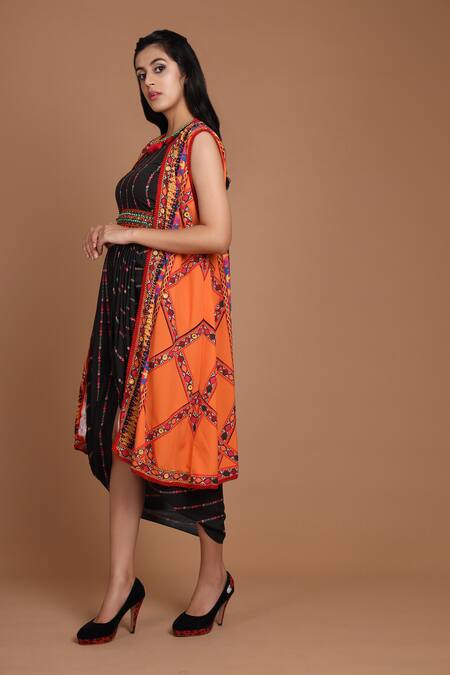 Preeti S Kapoor_Black Round Draped Dress With Jacket _Online_at_Aza_Fashions