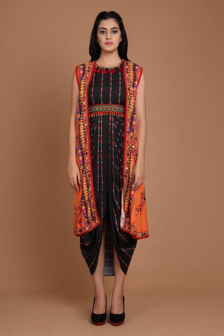 Buy_Preeti S Kapoor_Black Round Draped Dress With Jacket _Online_at_Aza_Fashions