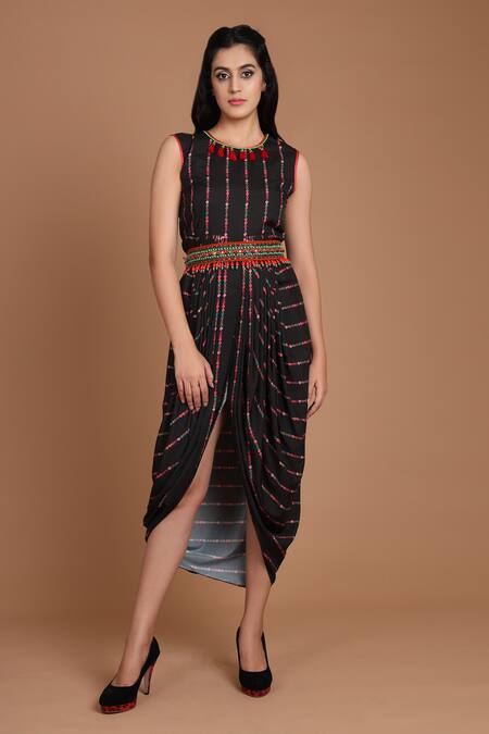 Shop_Preeti S Kapoor_Black Round Draped Dress With Jacket _Online_at_Aza_Fashions