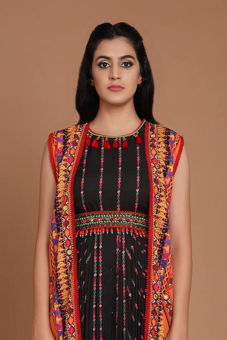 Preeti S Kapoor_Black Round Draped Dress With Jacket _at_Aza_Fashions