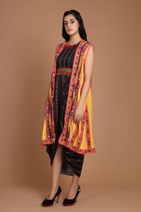 Buy_Preeti S Kapoor_Black Round Draped Dress With Jacket _Online_at_Aza_Fashions