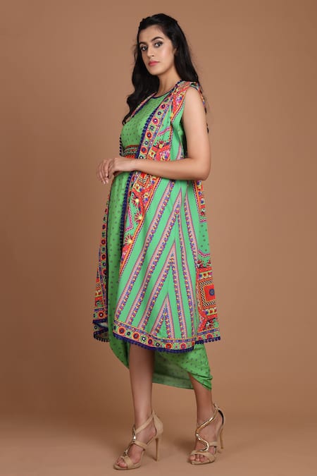 Preeti S Kapoor Printed Draped Dress with Cape 