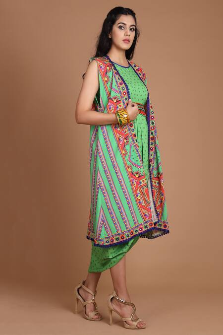 Preeti S Kapoor_Green Crepe Round Printed Draped Dress With Cape _Online_at_Aza_Fashions