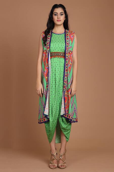 Buy_Preeti S Kapoor_Green Crepe Round Printed Draped Dress With Cape _Online_at_Aza_Fashions