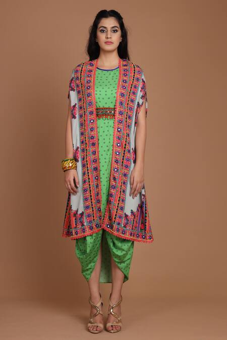 Preeti S Kapoor_Green Crepe Round Printed Draped Dress With Cape_Online_at_Aza_Fashions