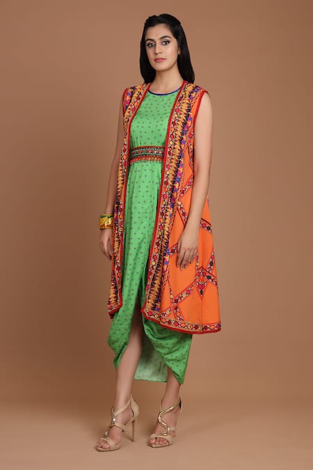 Preeti S Kapoor Printed Draped Dress with Cape 