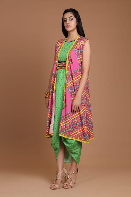 Preeti S Kapoor Printed Draped Dress with Cape 