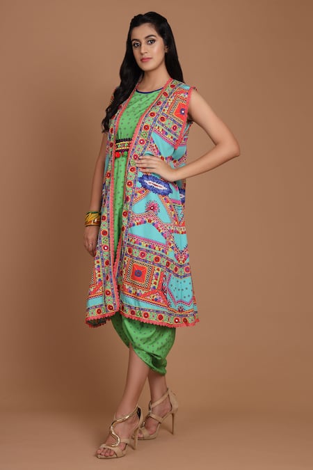 Preeti S Kapoor Printed Draped Dress with Cape 