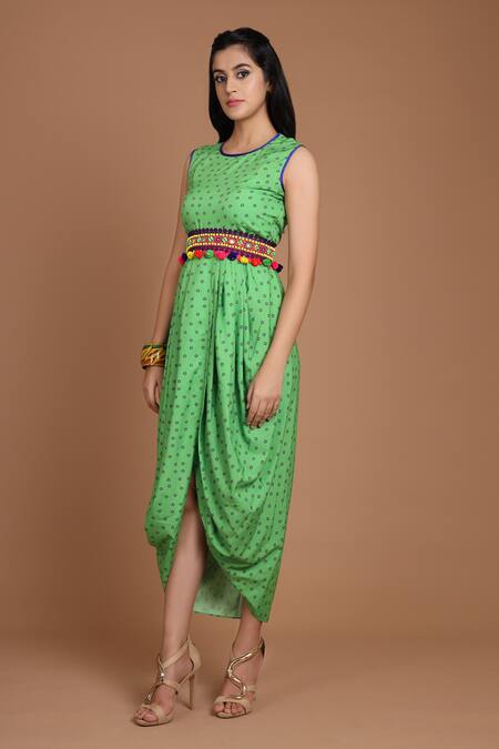 Buy_Preeti S Kapoor_Blue Crepe Round Printed Draped Dress With Cape _Online_at_Aza_Fashions