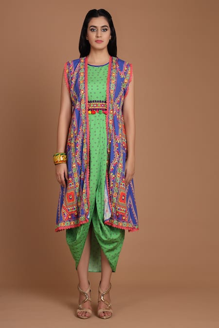 Shop_Preeti S Kapoor_Blue Crepe Round Printed Draped Dress With Cape _Online_at_Aza_Fashions