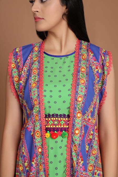 Preeti S Kapoor_Blue Crepe Round Printed Draped Dress With Cape _at_Aza_Fashions