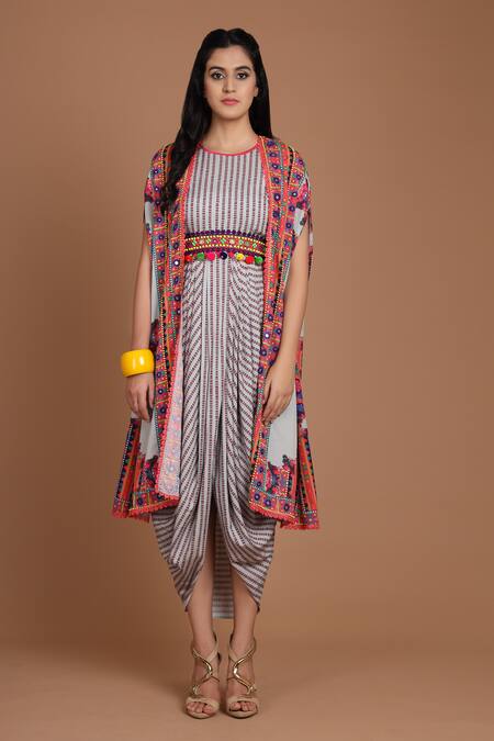 Buy_Preeti S Kapoor_Grey Crepe Round Printed Draped Dress With Cape _Online_at_Aza_Fashions