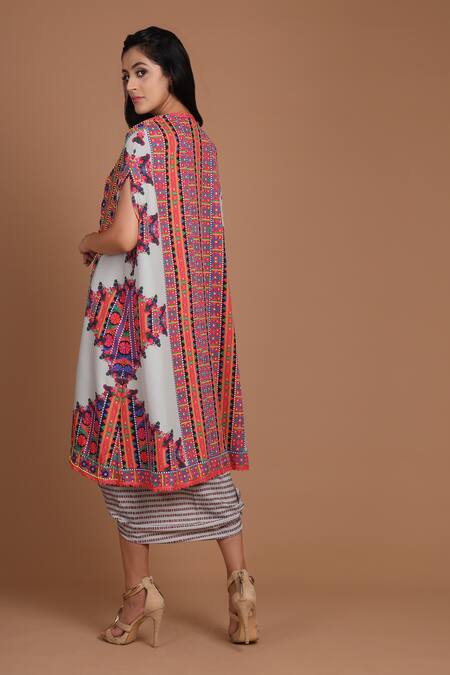 Shop_Preeti S Kapoor_Grey Crepe Round Printed Draped Dress With Cape _Online_at_Aza_Fashions