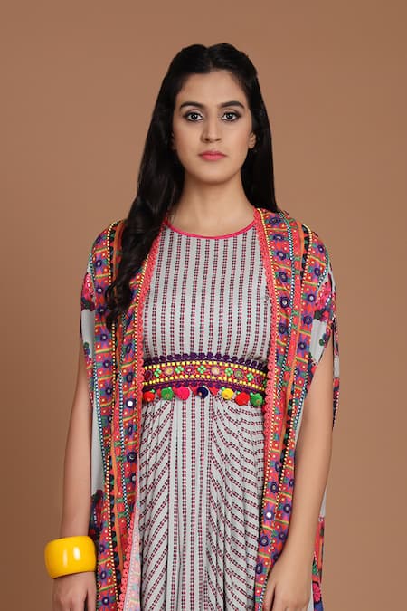 Preeti S Kapoor_Grey Crepe Round Printed Draped Dress With Cape _at_Aza_Fashions